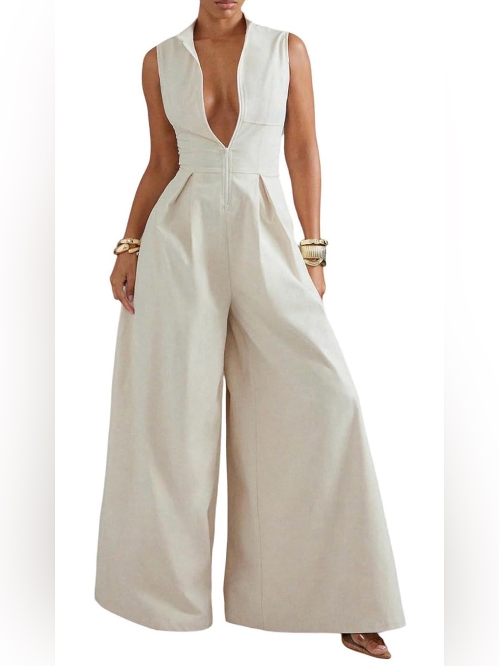 Sleeveless Deep V Wide-Leg Jumpsuit in Light Beige